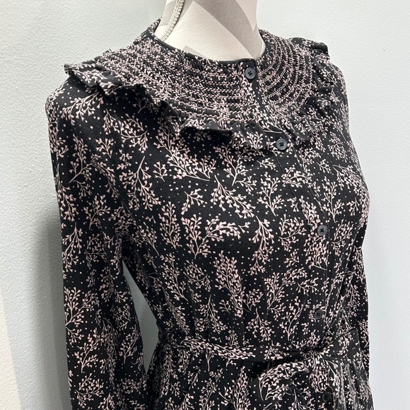 Boden Black Floral Midi Dress Smocked Neckline Button Front Belted Long Sleeve - Picture 7 of 12